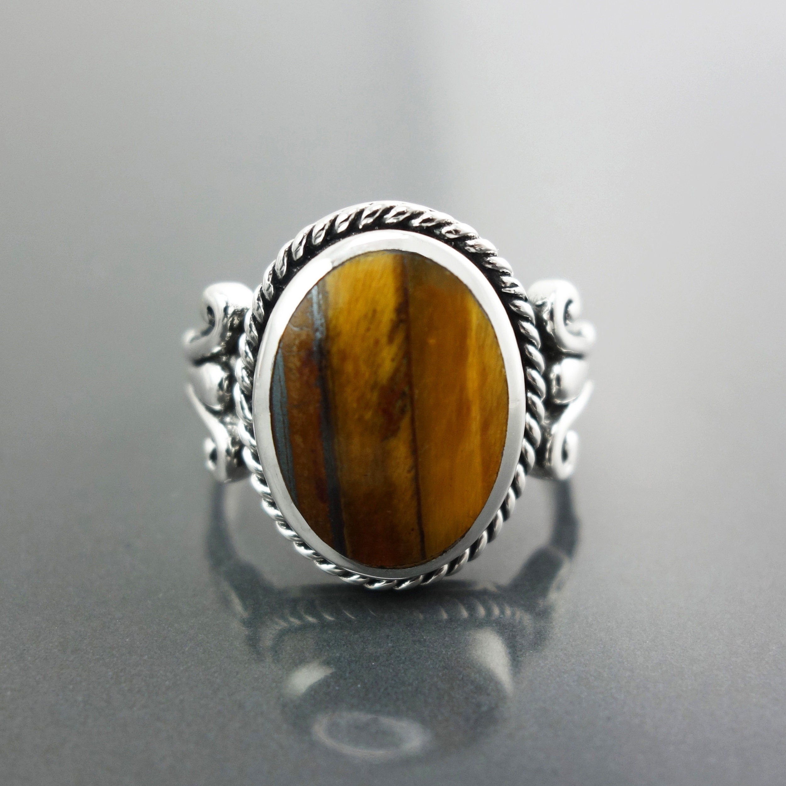 Tiger Eye Ring, Sterling Silver, NATURAL Brown Oval Stone Ring, Rope Ring, Unique Antique Signet Ring, Vintage Hipster Boho Unisex Jewelry