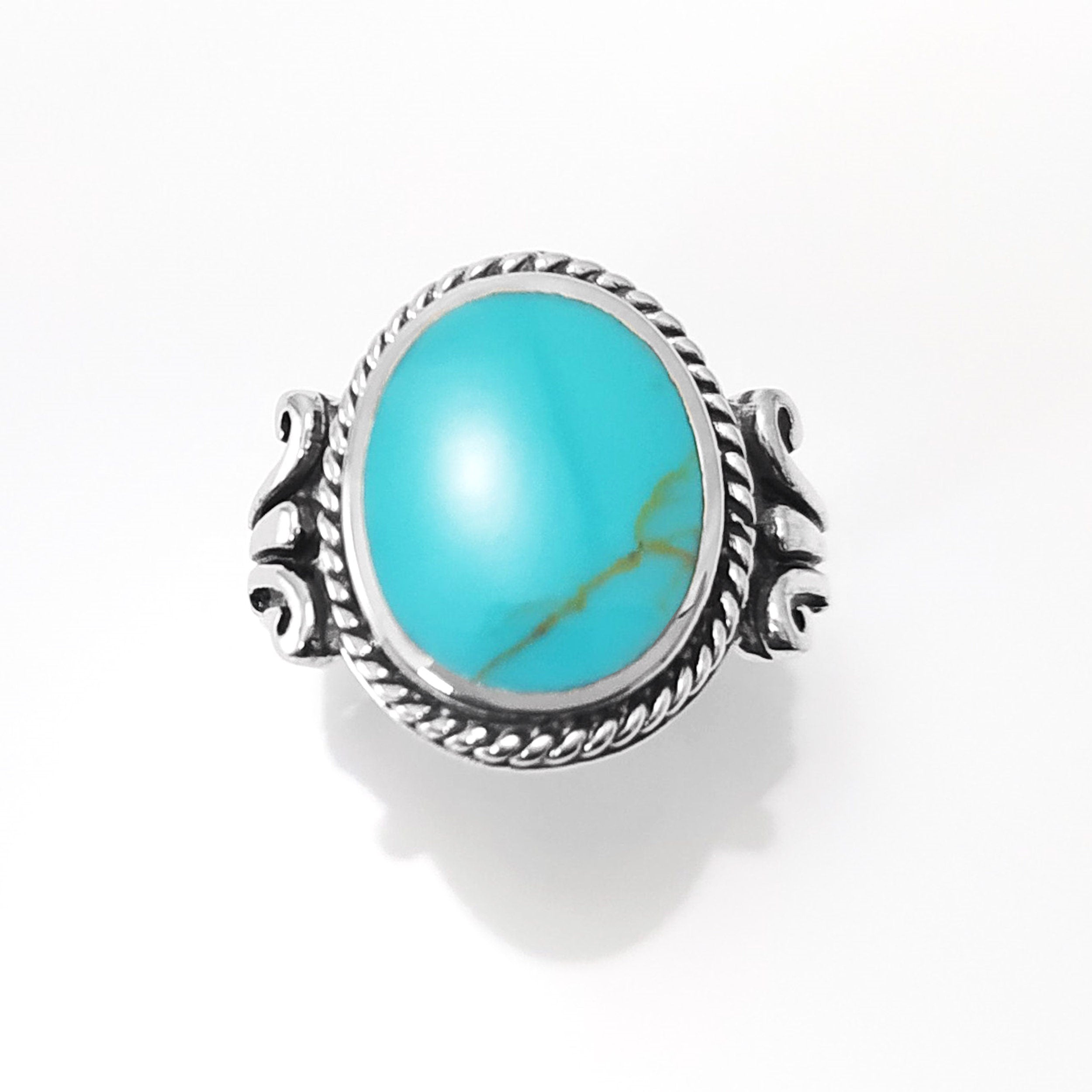 Turquoise Ring, Sterling Silver, Blue Green Turquoise stone, Unisex Jewelry, Flat Oval Stone Ring, Intricate Hipster Antique Rope Shank Ring