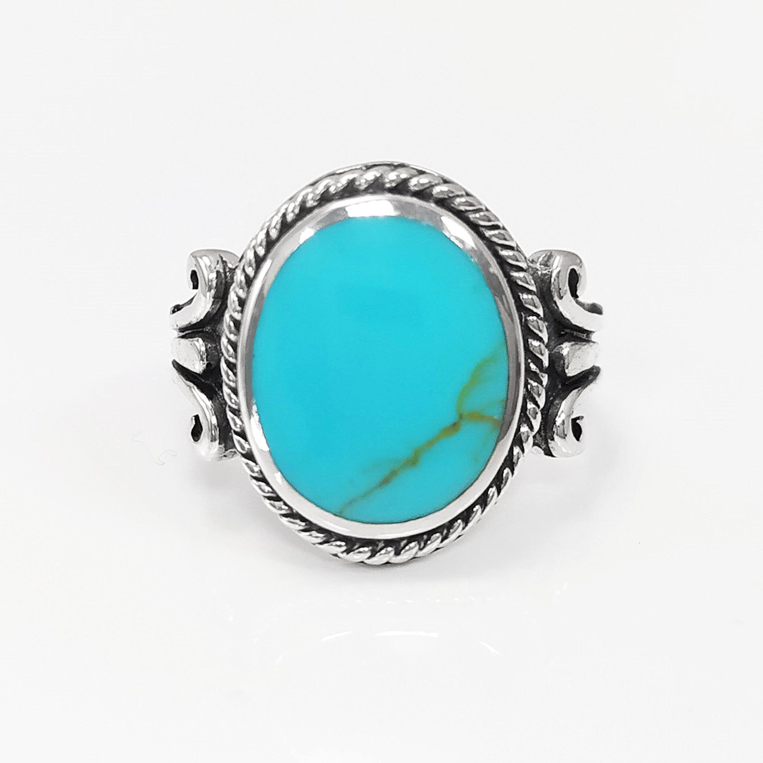 Turquoise Ring, Sterling Silver, Blue Green Turquoise stone, Unisex Jewelry, Flat Oval Stone Ring, Intricate Hipster Antique Rope Shank Ring