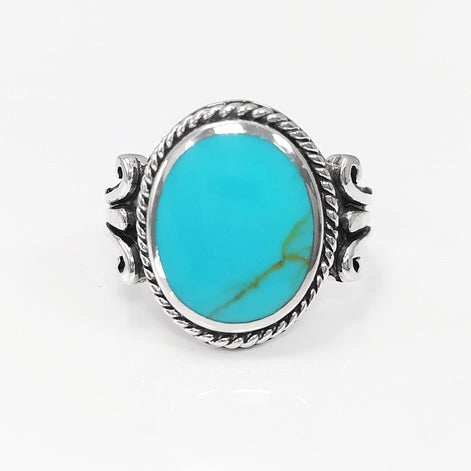 Turquoise Ring, Sterling Silver, Blue Green Turquoise stone, Unisex Jewelry, Flat Oval Stone Ring, Intricate Hipster Antique Rope Shank Ring