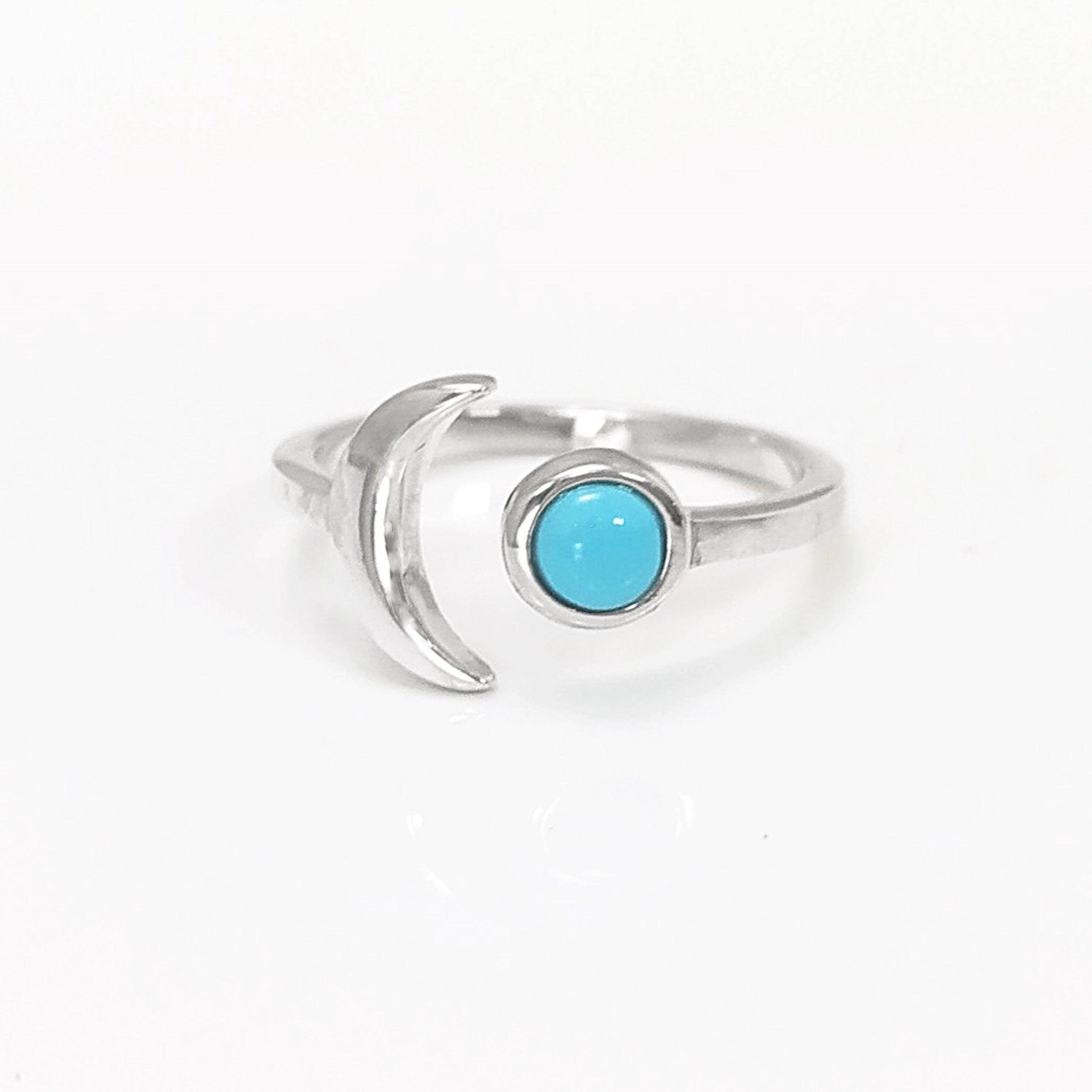 Turquoise Crescent Moon Ring, Sterling Silver, Boho Chakra Stellar Cosmic Jewelry, Lunar Open Ring, Celestial Round Blue Stone Ring