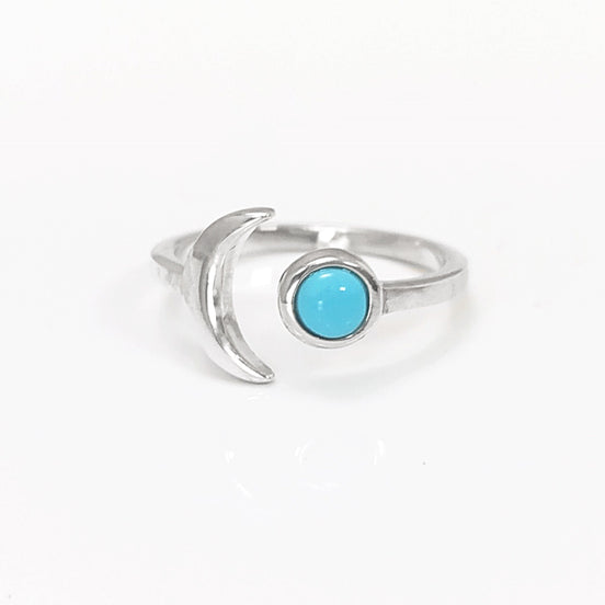 Turquoise Crescent Moon Ring, Sterling Silver, Boho Chakra Stellar Cosmic Jewelry, Lunar Open Ring, Celestial Round Blue Stone Ring
