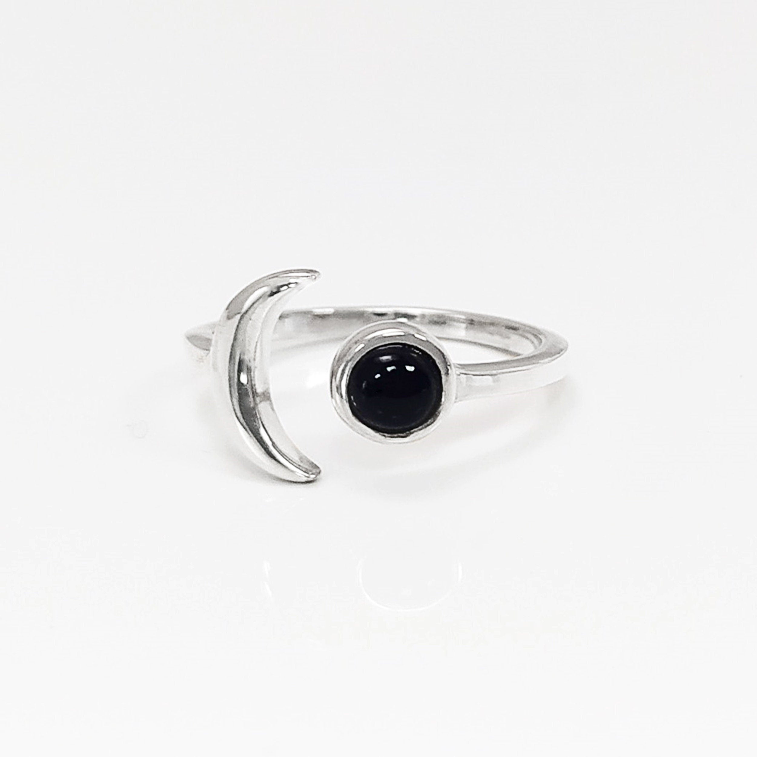 Crescent Moon Ring, Sterling Silver, Boho Chakra Stellar Cosmic Jewelry, Lunar Open Ring, Celestial Round Stone, Genuine Black Onyx Gemstone