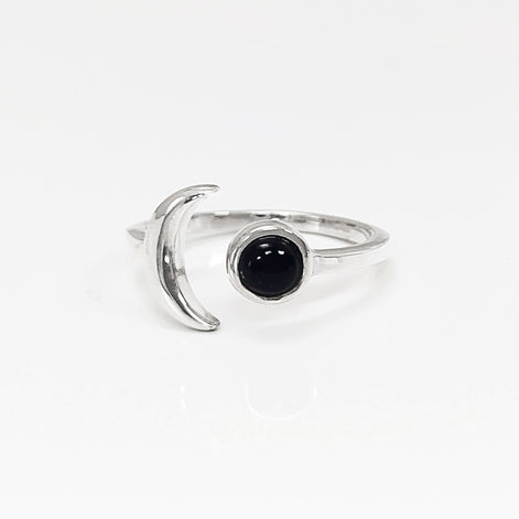 Crescent Moon Ring, Sterling Silver, Boho Chakra Stellar Cosmic Jewelry, Lunar Open Ring, Celestial Round Stone, Genuine Black Onyx Gemstone