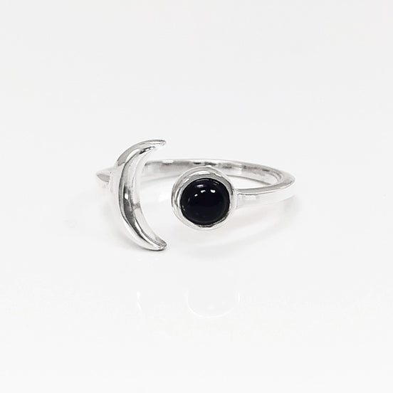 Crescent Moon Ring, Sterling Silver, Boho Chakra Stellar Cosmic Jewelry, Lunar Open Ring, Celestial Round Stone, Genuine Black Onyx Gemstone