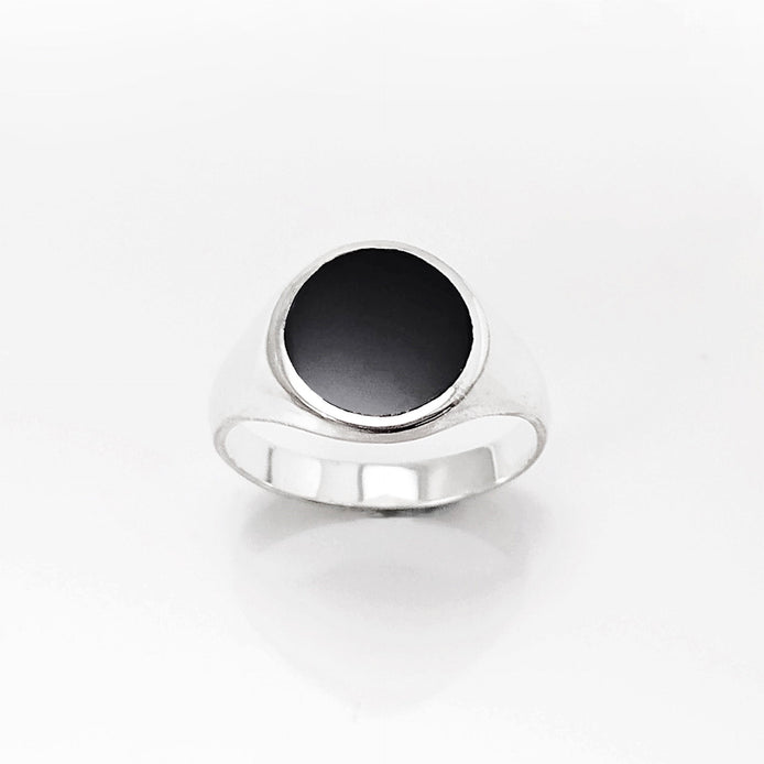 Sterling Silver Round Black Onyx Signet Ring, Unisex