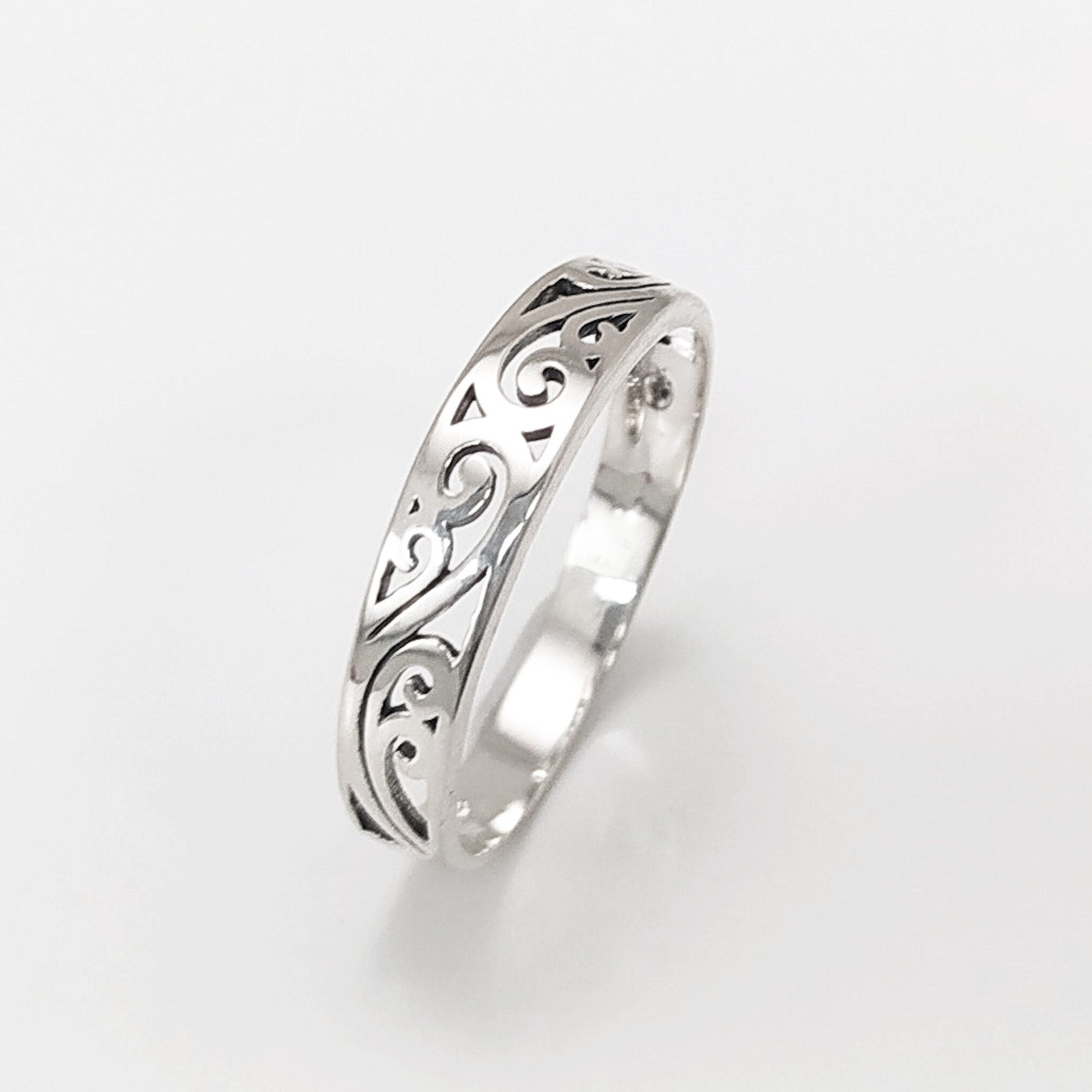 Sterling Silver Filigree Band Ring, Art Nouveau Style