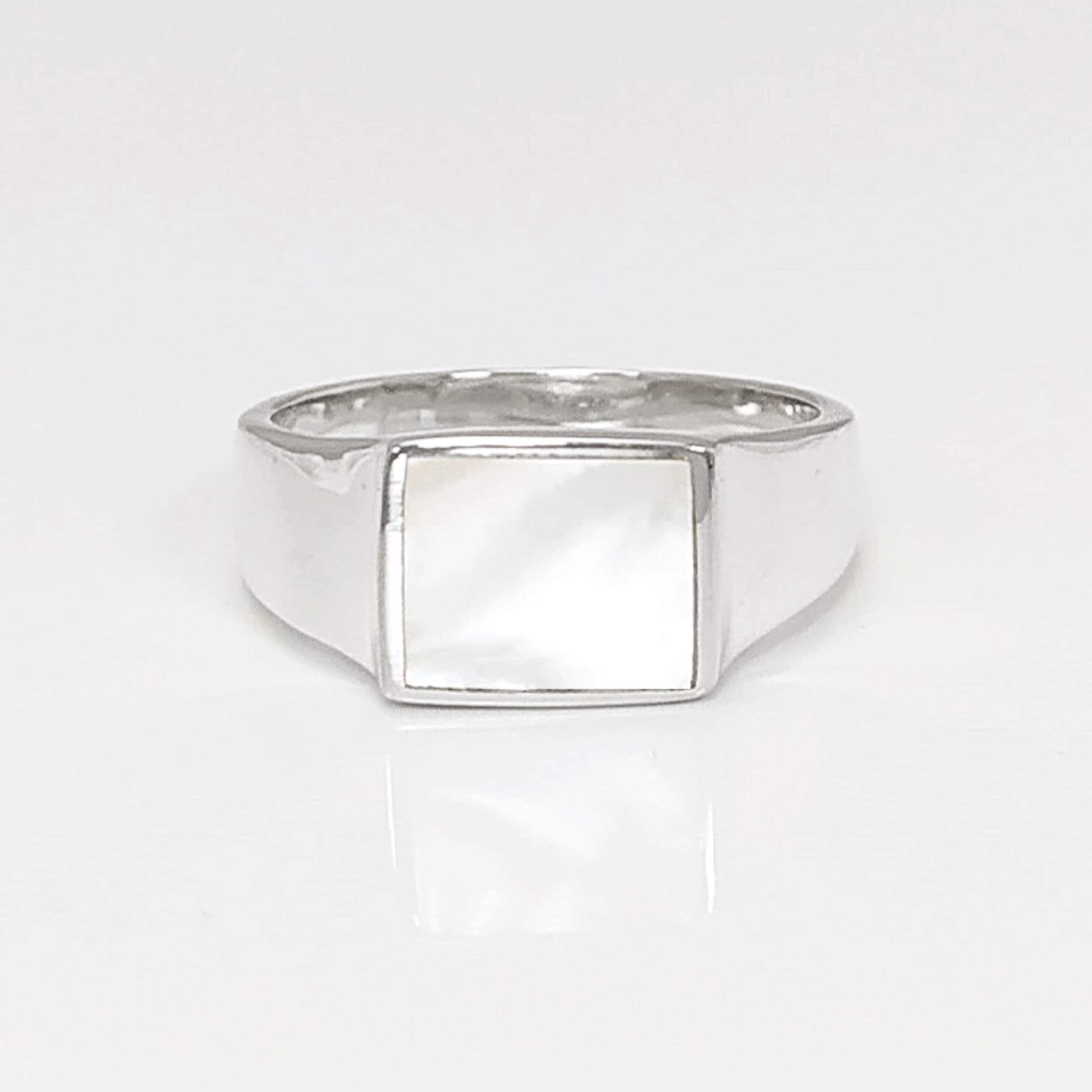 Sterling Silver Mother of Pearl Signet Ring, Unisex Square Stone