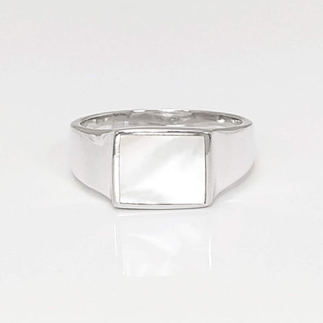 Sterling Silver Mother of Pearl Signet Ring, Unisex Square Stone