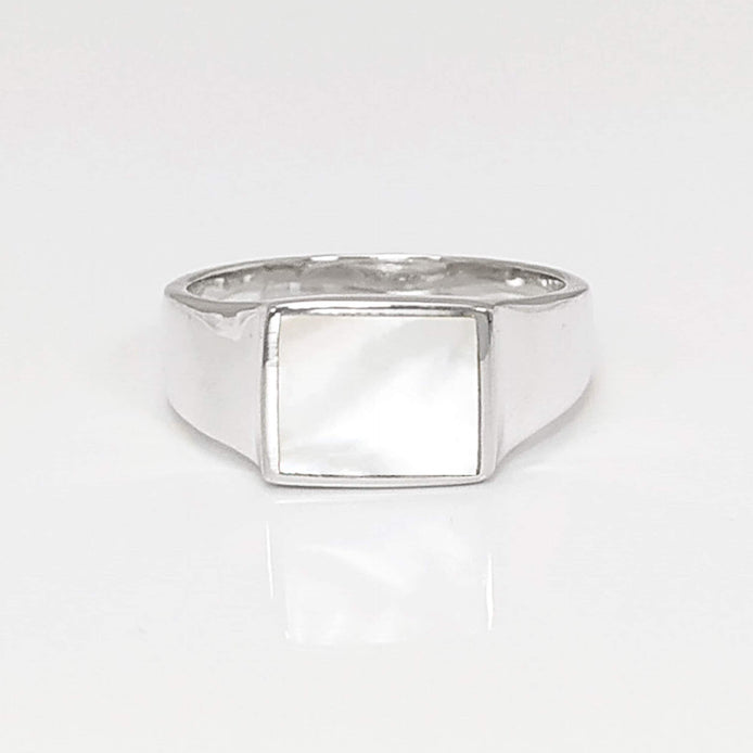 Sterling Silver Mother of Pearl Signet Ring, Unisex Square Stone
