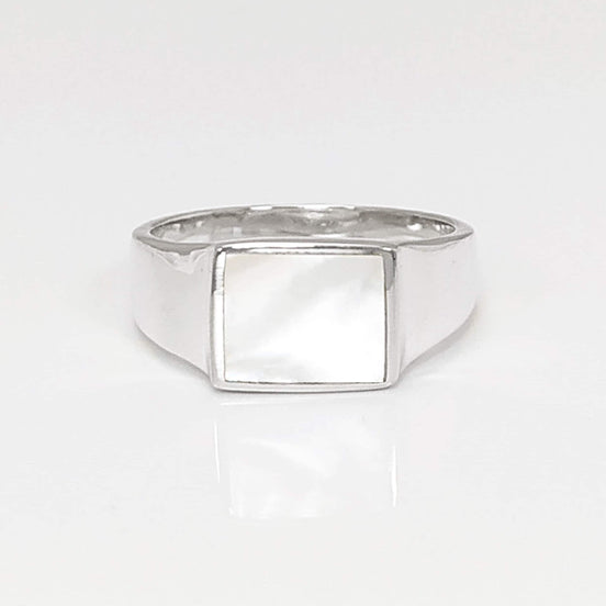 Sterling Silver Mother of Pearl Signet Ring, Unisex Square Stone