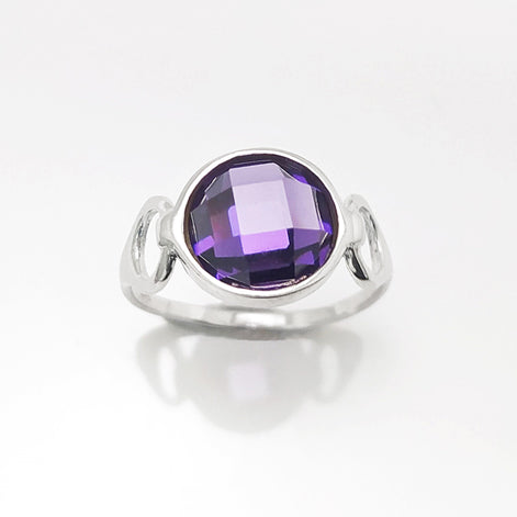Purple Ring, Sterling Silver, Amethyst Color Round Stone (CZ), Unique Faceted Round Stone, Original Solitaire Violet Stone Jewelry