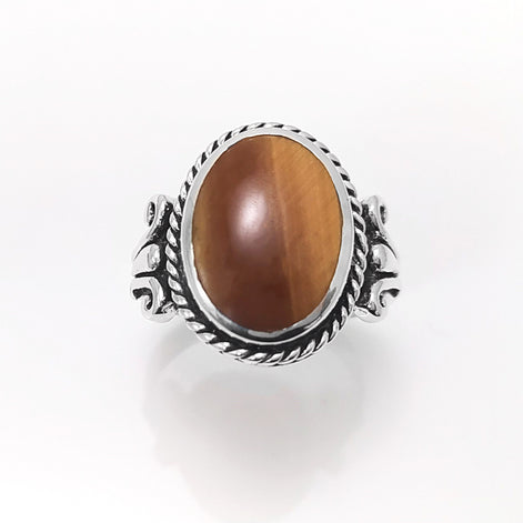 Tiger Eye Ring, Sterling Silver, NATURAL Brown Oval Stone Ring, Rope Ring, Unique Antique Signet Ring, Vintage Hipster Boho Unisex Jewelry