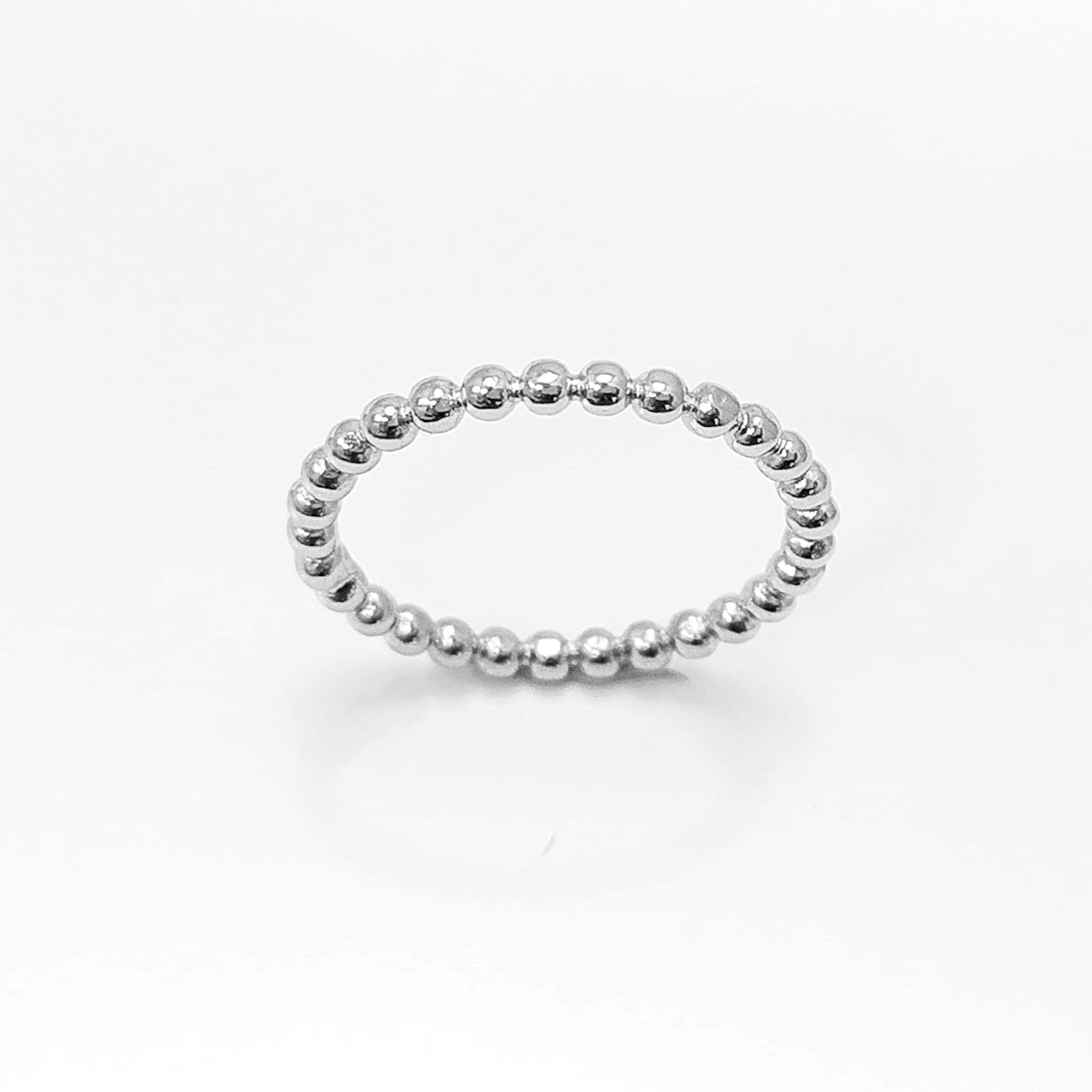Sterling Silver Beaded Band Ring, Dainty Minimalist Stackable, Shiny Polished Finish
