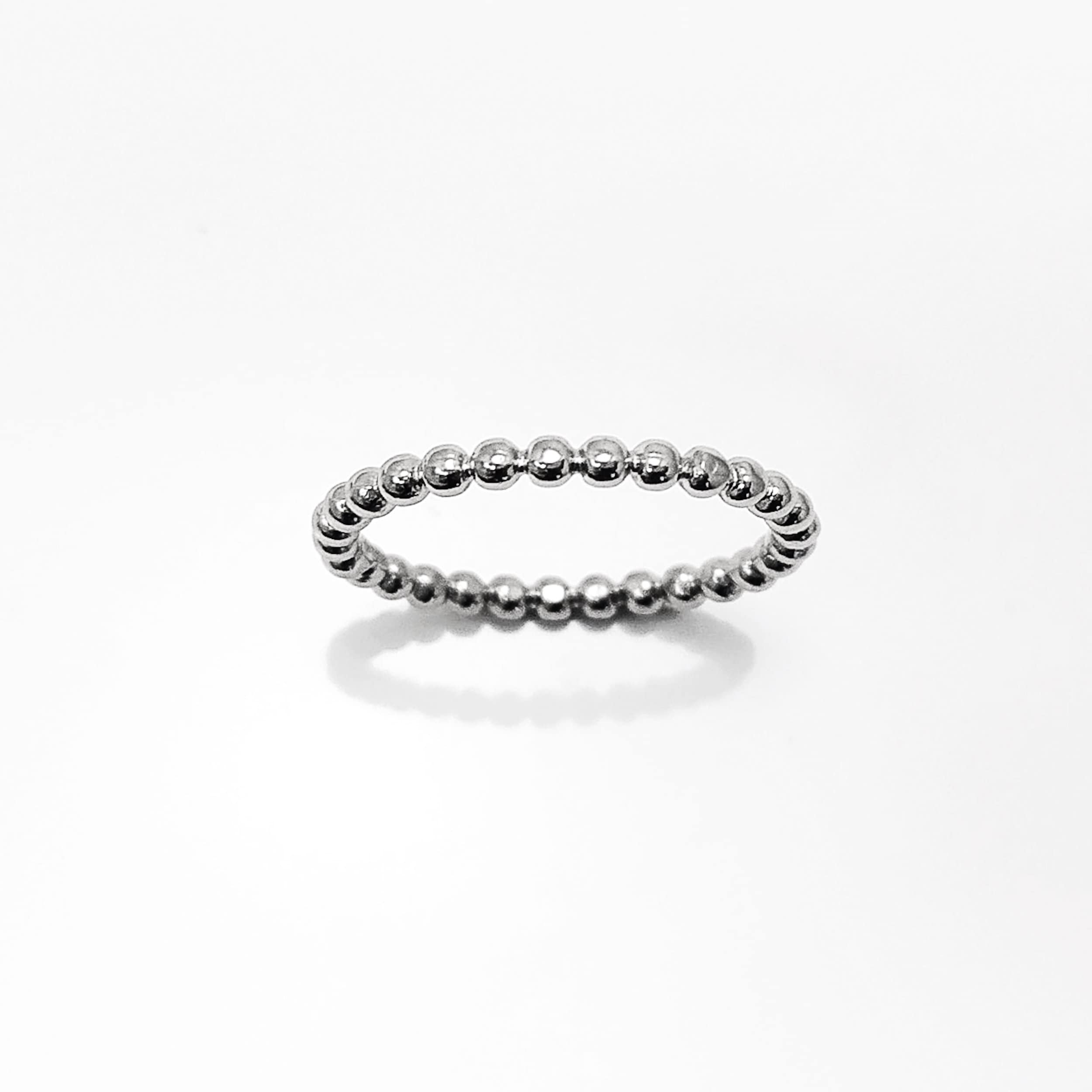 Sterling Silver Beaded Band Ring, Dainty Minimalist Stackable, Shiny Polished Finish
