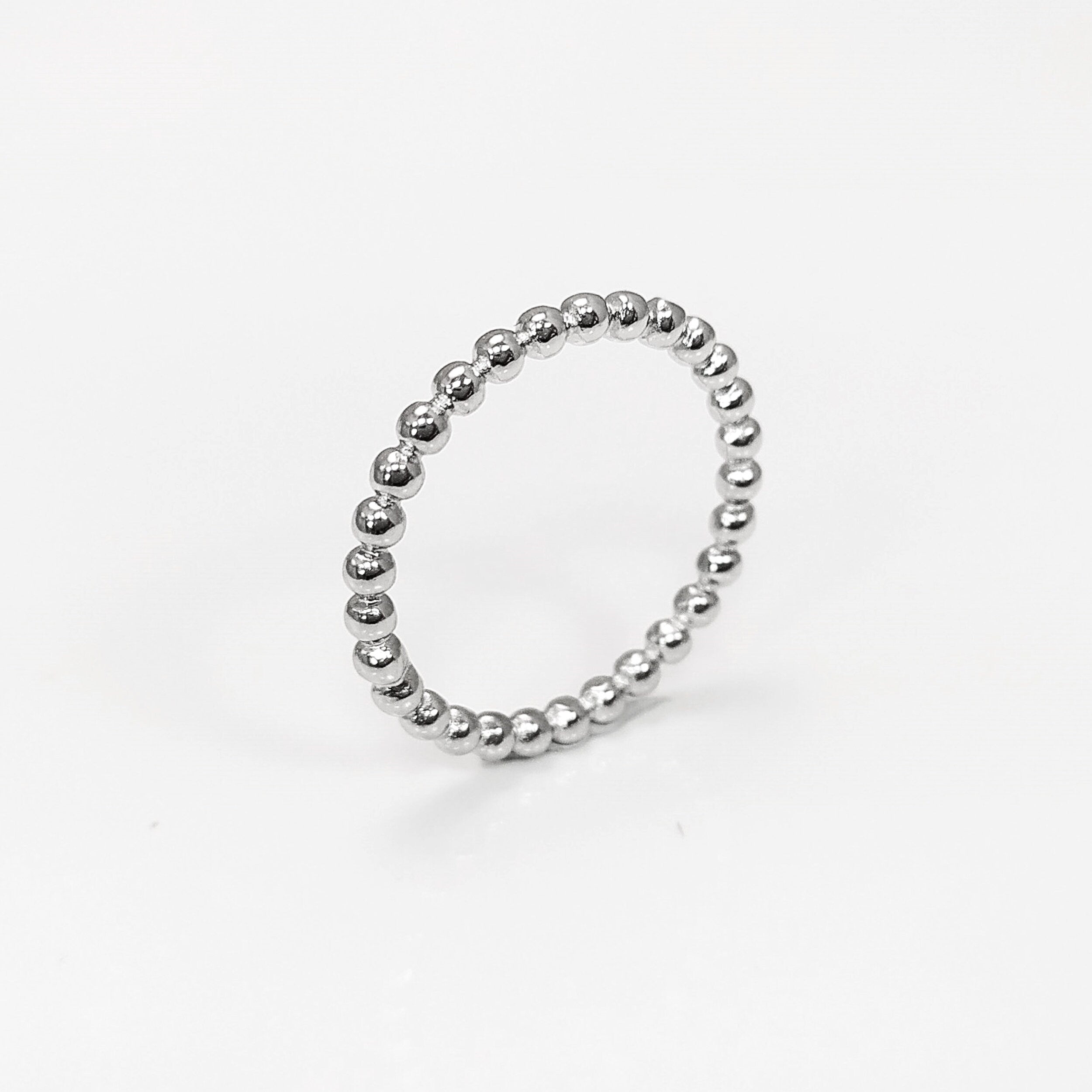 Sterling Silver Beaded Band Ring, Dainty Minimalist Stackable, Shiny Polished Finish