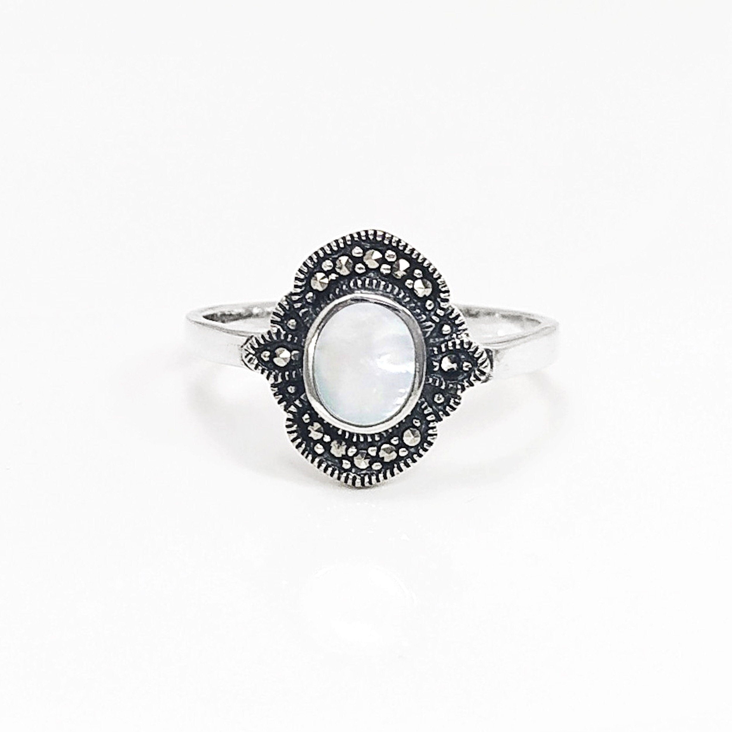 Dainty Vintage Ring, Sterling Silver, Small Art Deco Marcasites Ring, Oval GENUINE Mother of Pearl, Reissued Antique Retro Inspired Jewelry