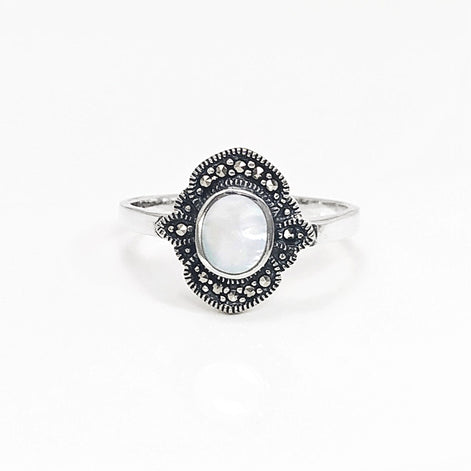 Dainty Vintage Ring, Sterling Silver, Small Art Deco Marcasites Ring, Oval GENUINE Mother of Pearl, Reissued Antique Retro Inspired Jewelry