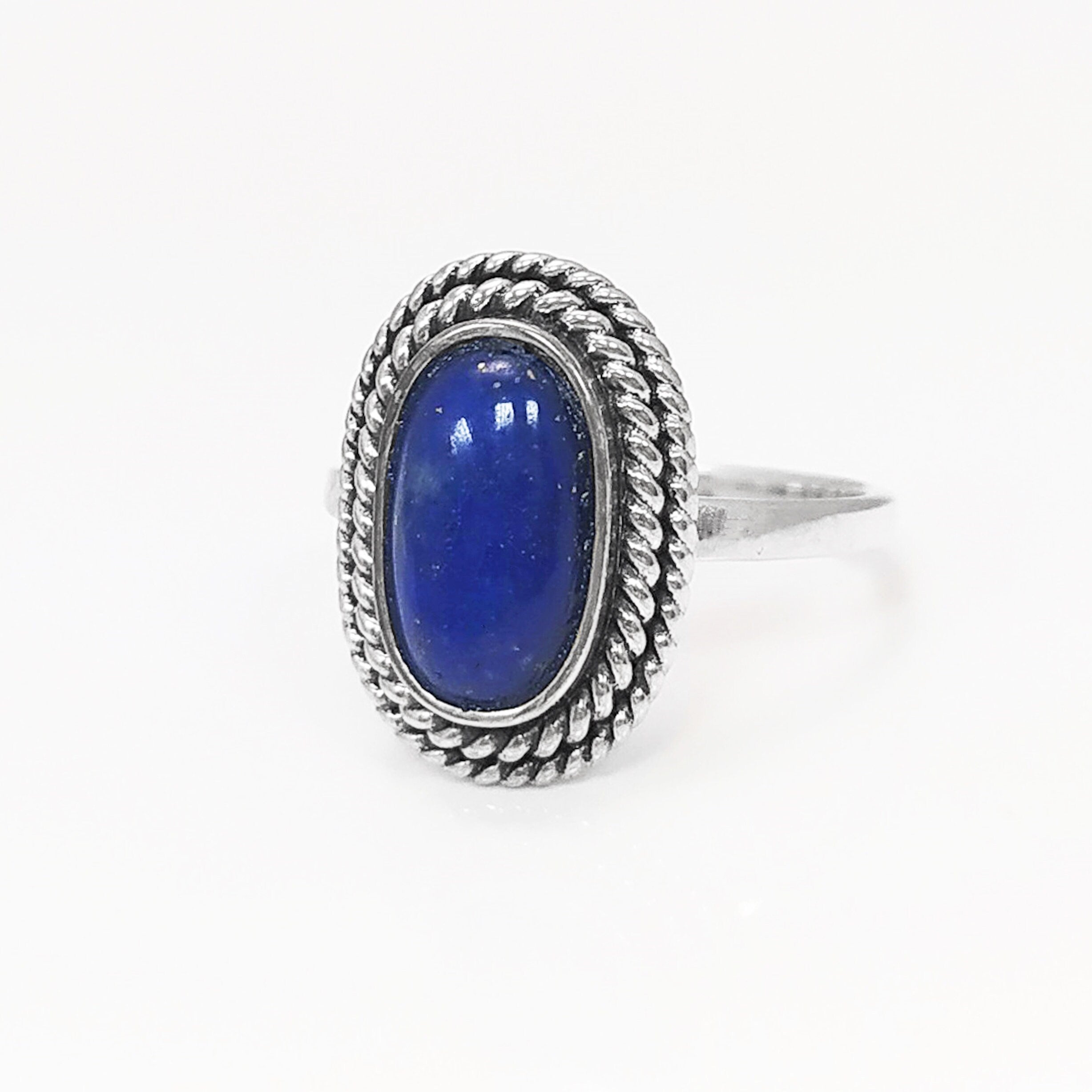 Lapis Lazuli Sterling Silver Ring, Boho Rope Border Antique Jewelry