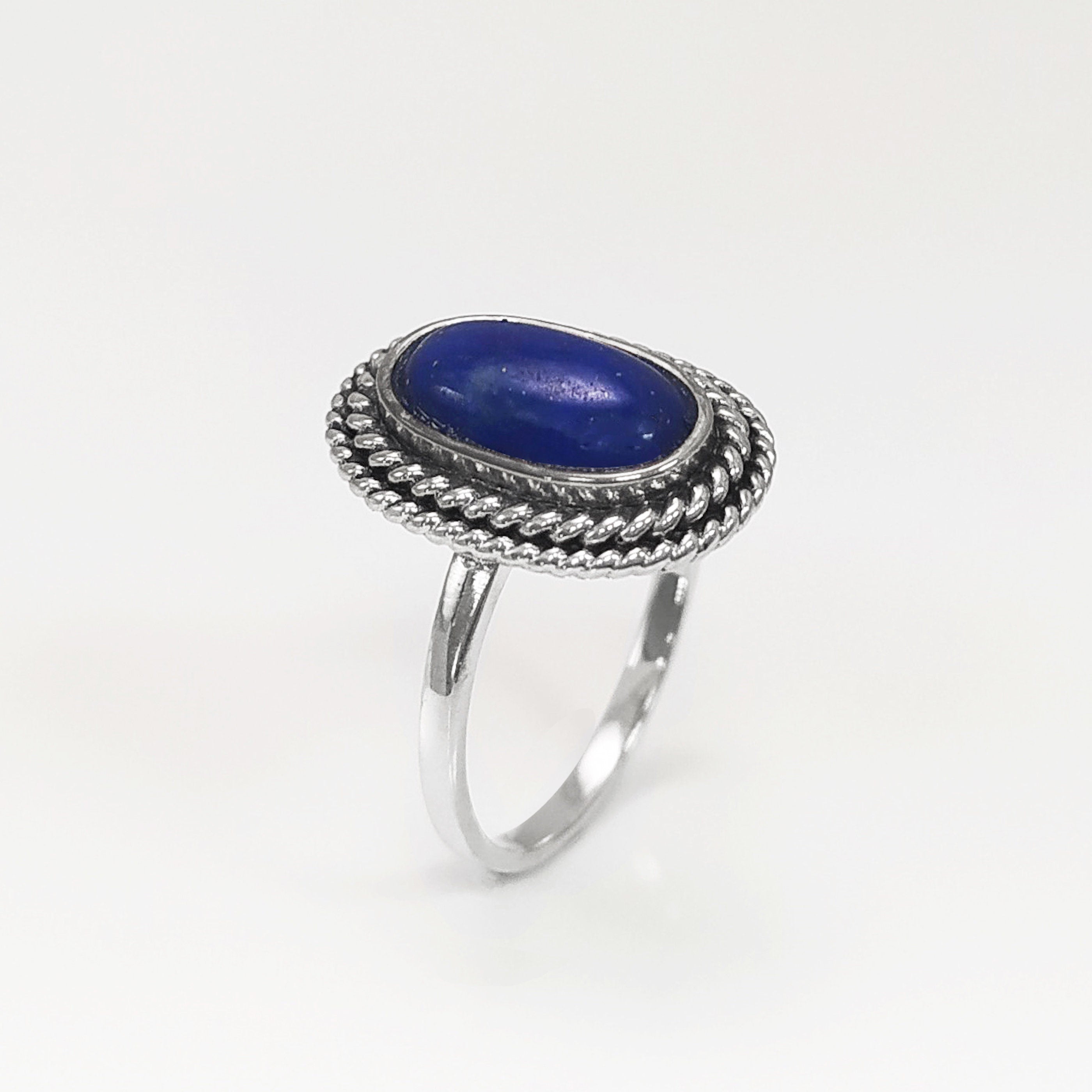 Lapis Lazuli Sterling Silver Ring, Boho Rope Border Antique Jewelry