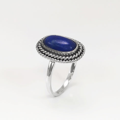 Lapis Lazuli Sterling Silver Ring, Boho Rope Border Antique Jewelry
