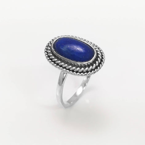 Lapis Lazuli Sterling Silver Ring, Boho Rope Border Antique Jewelry