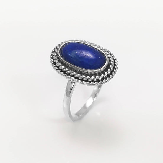 Lapis Lazuli Sterling Silver Ring, Boho Rope Border Antique Jewelry