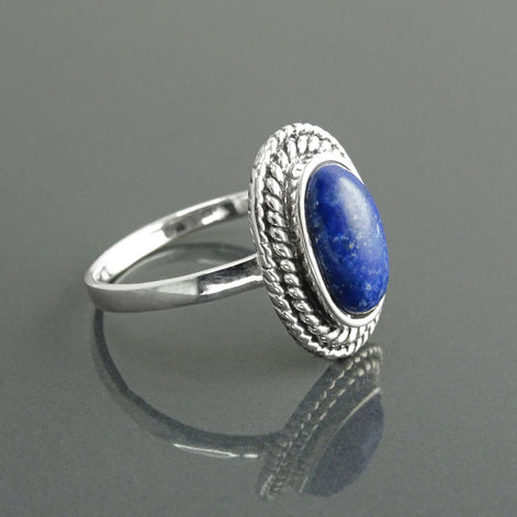 Lapis Lazuli Sterling Silver Ring, Boho Rope Border Antique Jewelry