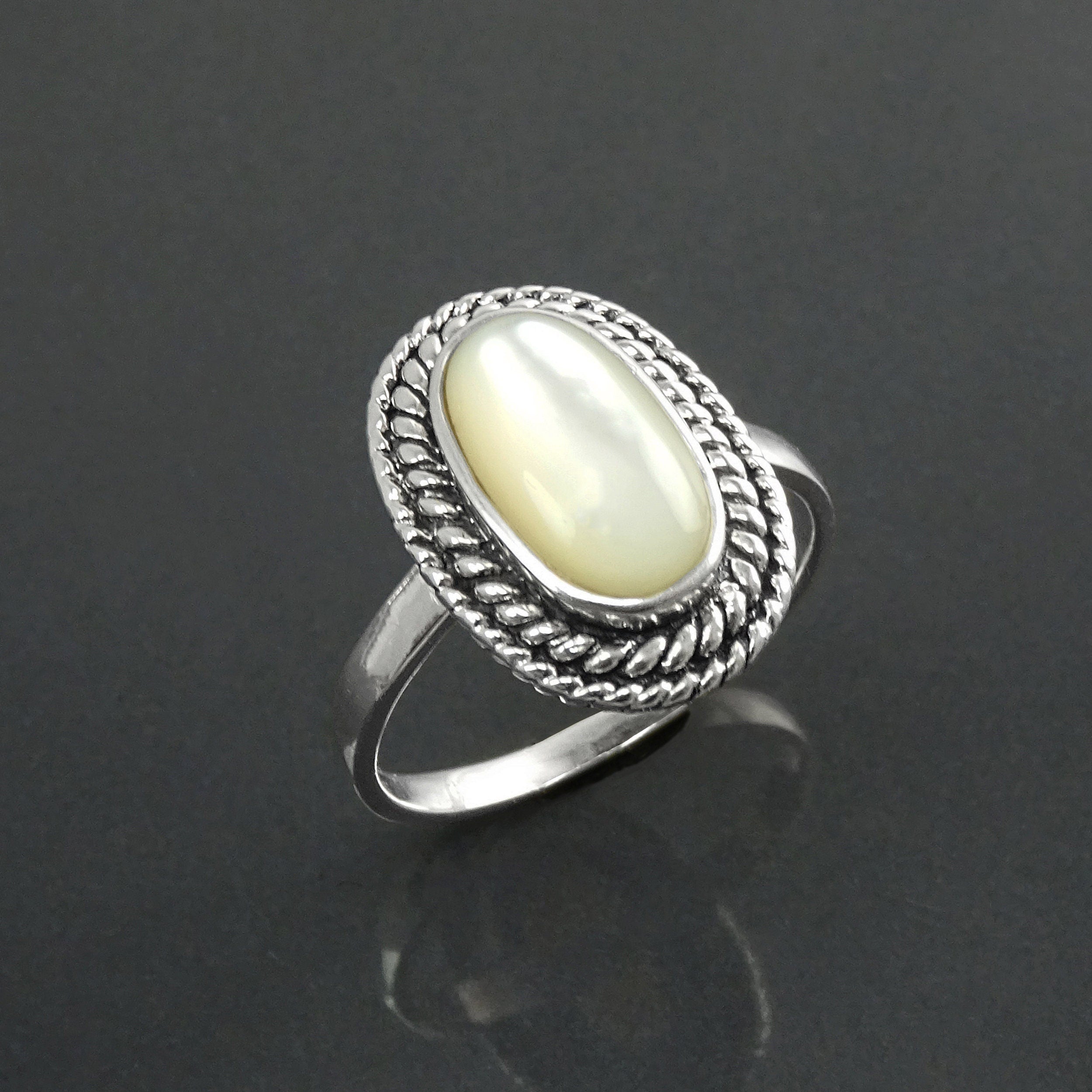 Sterling Silver Mother of Pearl Ring, Oval Boho Rope Border Jewelry