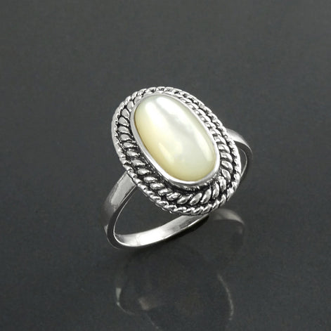 Sterling Silver Mother of Pearl Ring, Oval Boho Rope Border Jewelry