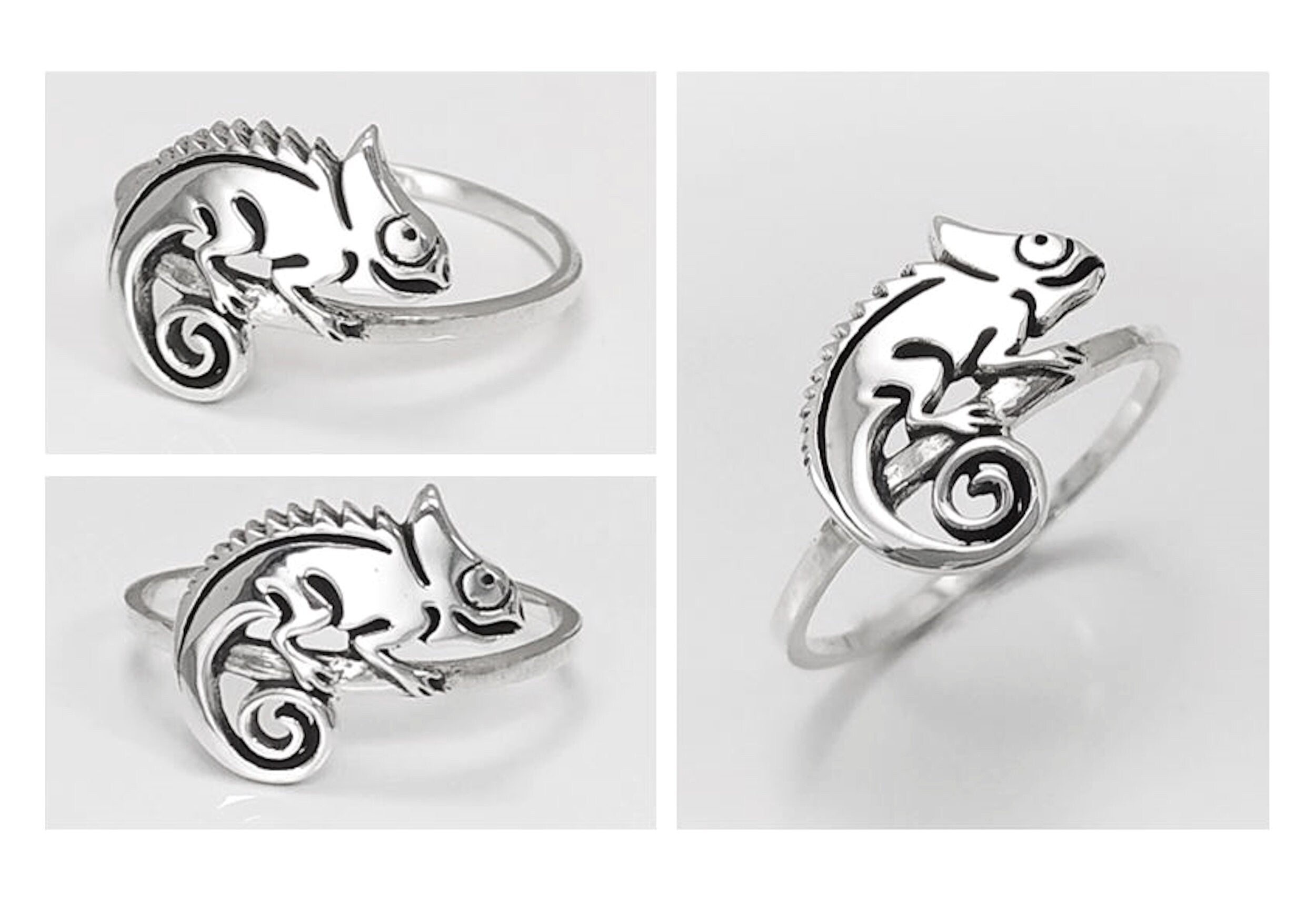 Une bague en argent avec un caméléon délicatement façonné sur le dessus. Le caméléon est sur un anneau en argent massif 925. Sa queue est enroulée.
Il est tout beau, et tranquillement posé. 

C'est une Bague parfaite pour un cadeau. Un bijou en argent 925 classique avec un motif fantaisiste.
Le meilleur du local : fait main, durable. Boutique fiable, milliers d'avis.