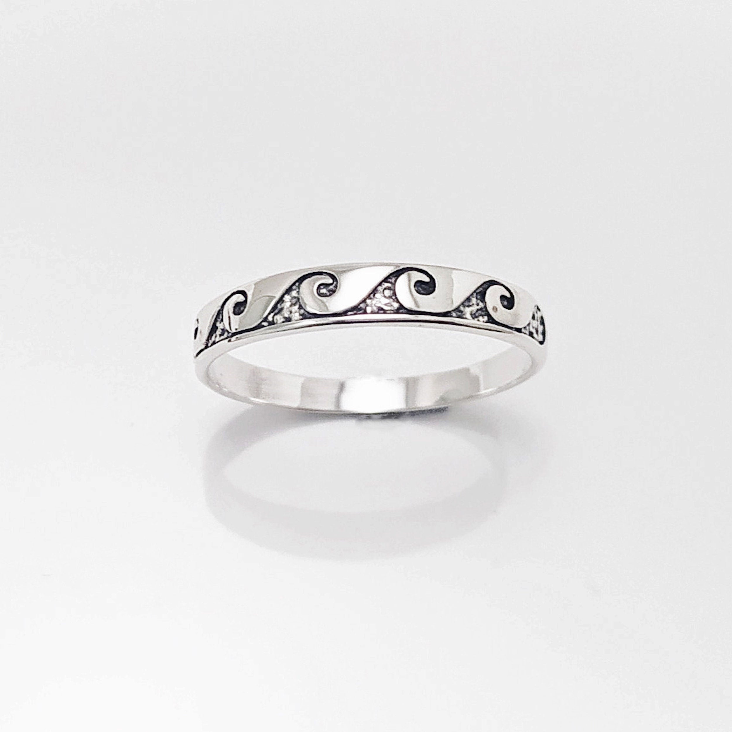 Ocean Wave Ring, Sterling Silver, Casual Beach Band, Carved Waves Pattern, Dainty Surfer Ring, Unique Ocean Jewelry, Hawaii Tribal Jewelry