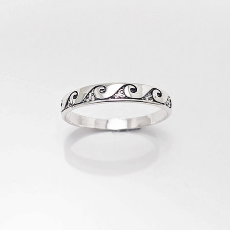 Ocean Wave Ring, Sterling Silver, Casual Beach Band, Carved Waves Pattern, Dainty Surfer Ring, Unique Ocean Jewelry, Hawaii Tribal Jewelry