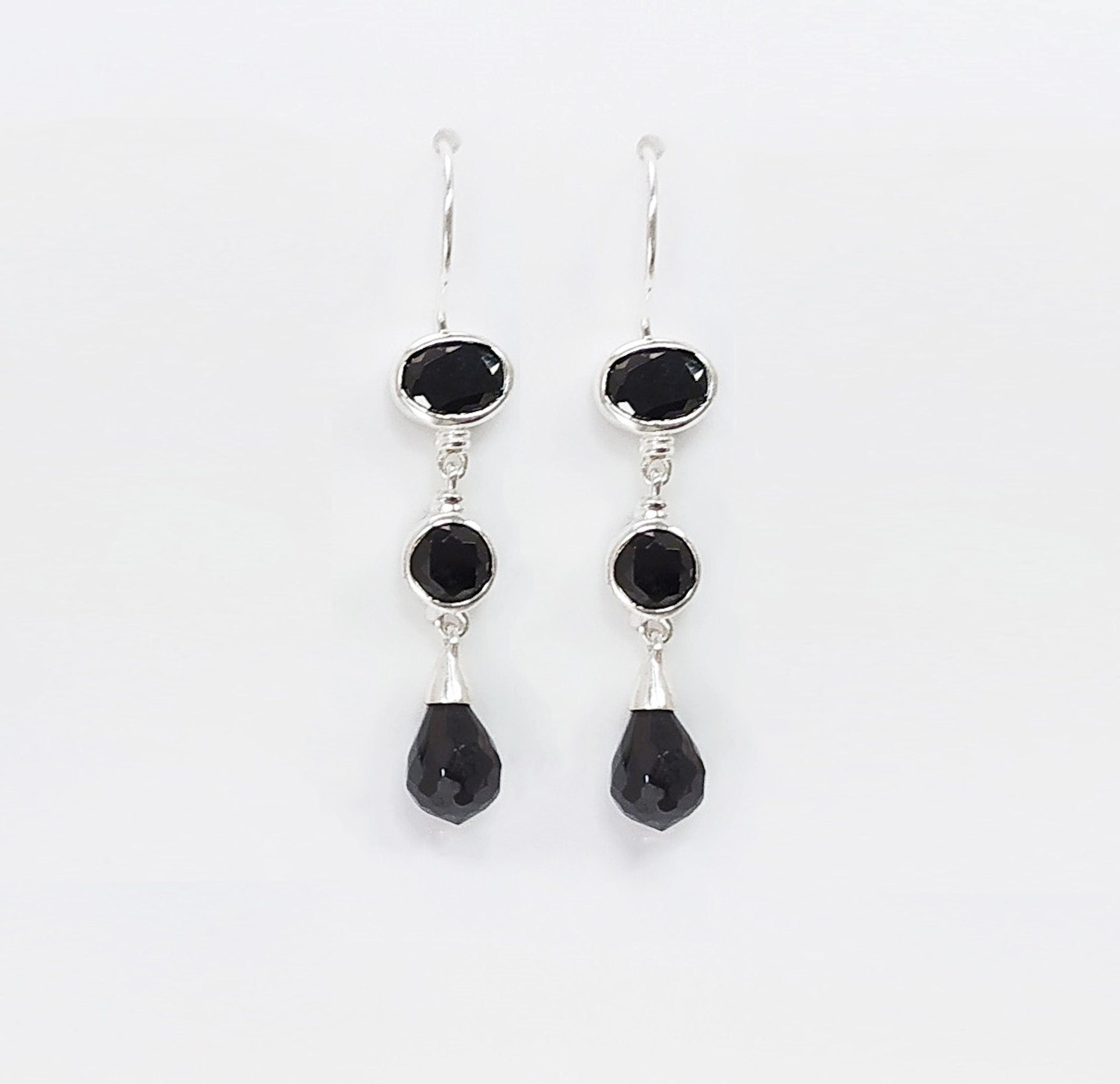 Black Stone Pendant, Sterling Silver, Necklace with Pending Black Stones Pendant, Black Cz, Modern Dangle Stones Pendant Earrings set