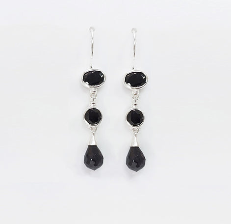 Black Stone Pendant, Sterling Silver, Necklace with Pending Black Stones Pendant, Black Cz, Modern Dangle Stones Pendant Earrings set