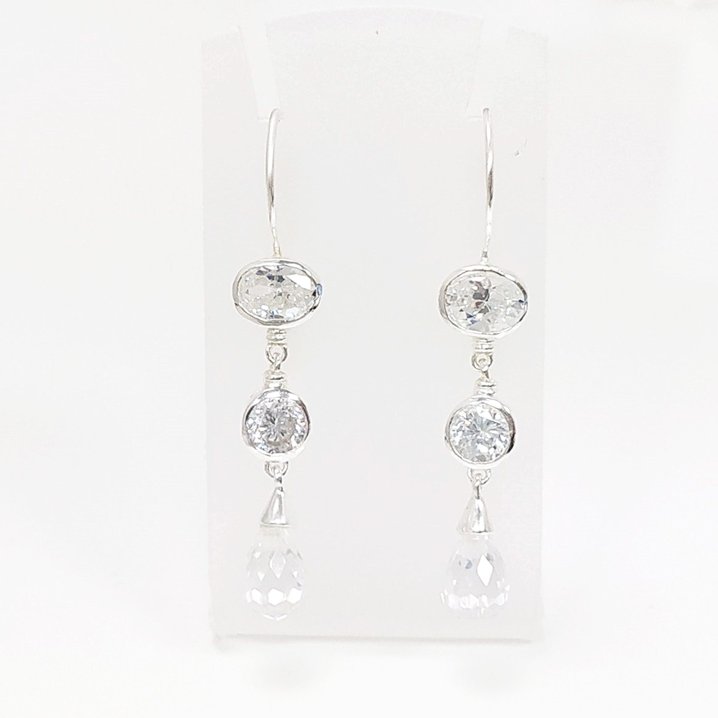 White Stone Pendant - Sterling Silver Pendant - White Clear Cubic Zirconia - Long silver Pendant - White Set , Bride, bridal wedding