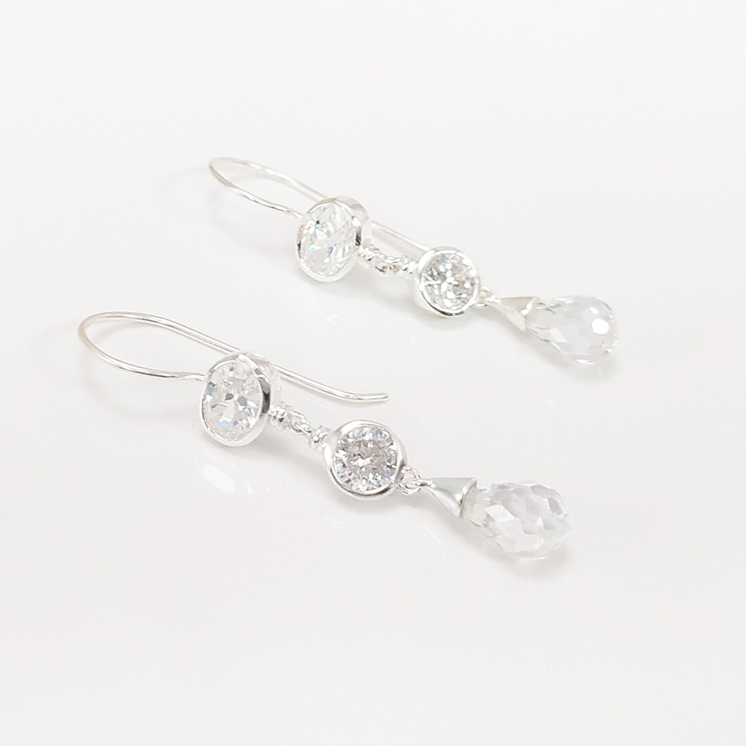 White Stone Pendant - Sterling Silver Pendant - White Clear Cubic Zirconia - Long silver Pendant - White Set , Bride, bridal wedding