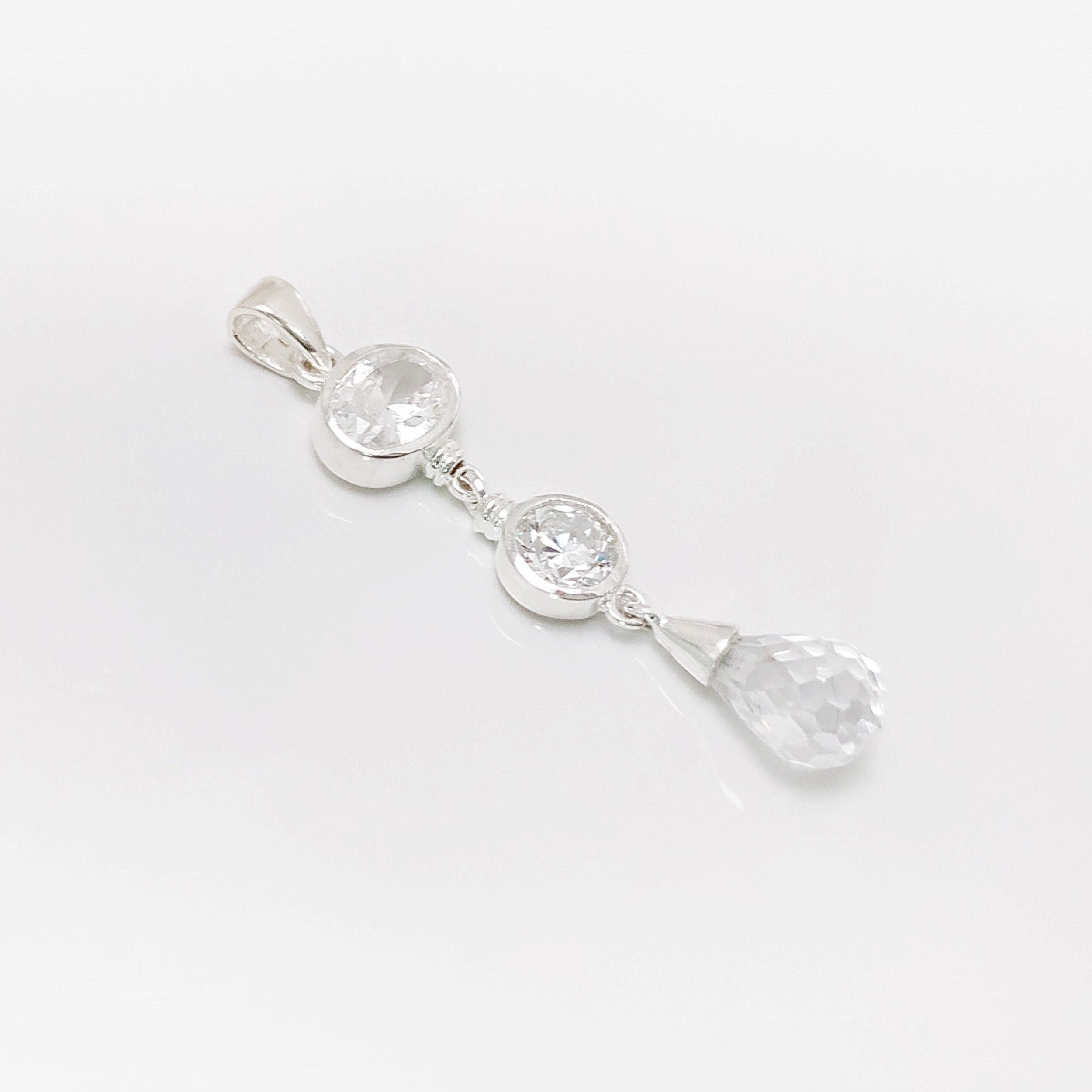 White Stone Pendant - Sterling Silver Pendant - White Clear Cubic Zirconia - Long silver Pendant - White Set , Bride, bridal wedding