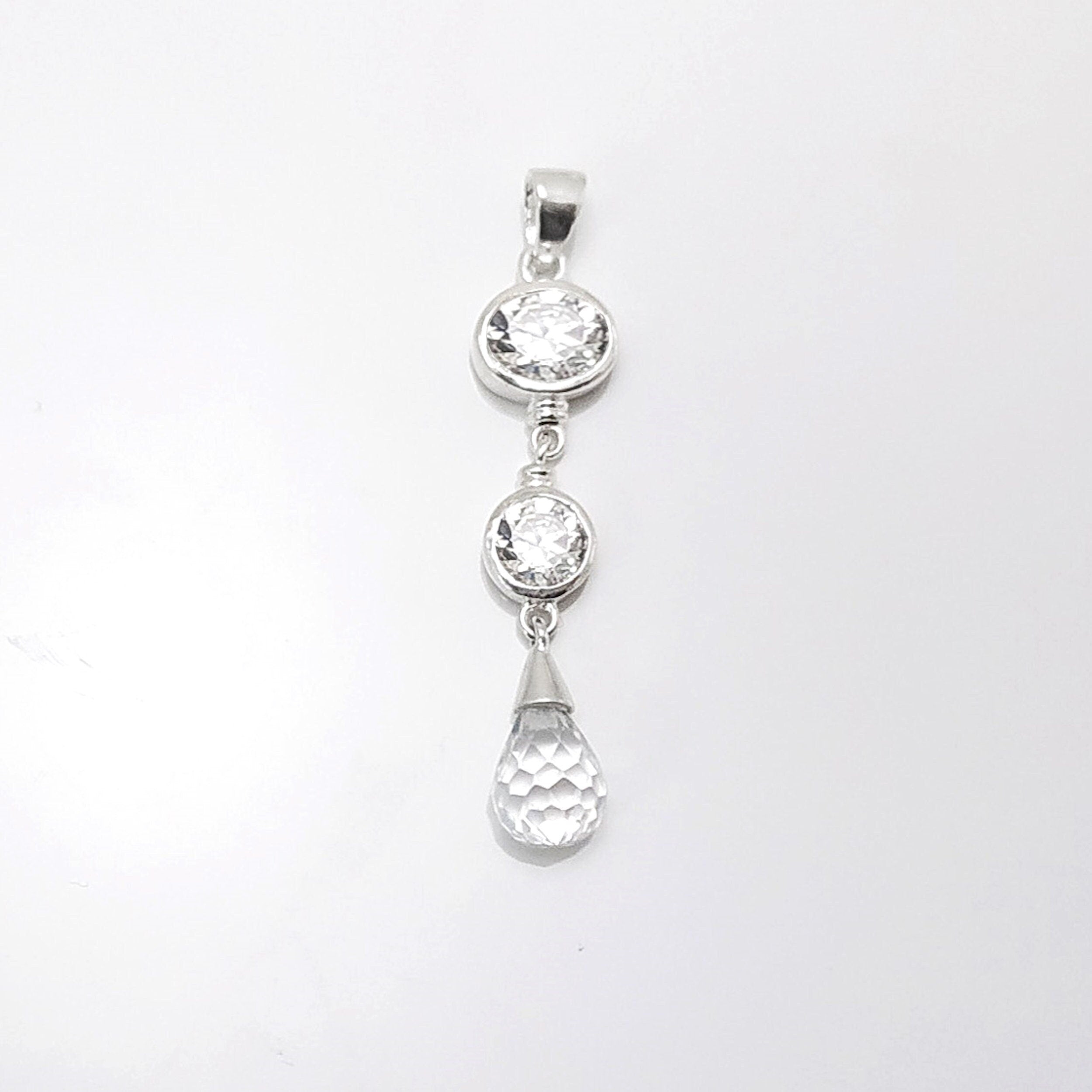 White Stone Pendant - Sterling Silver Pendant - White Clear Cubic Zirconia - Long silver Pendant - White Set , Bride, bridal wedding