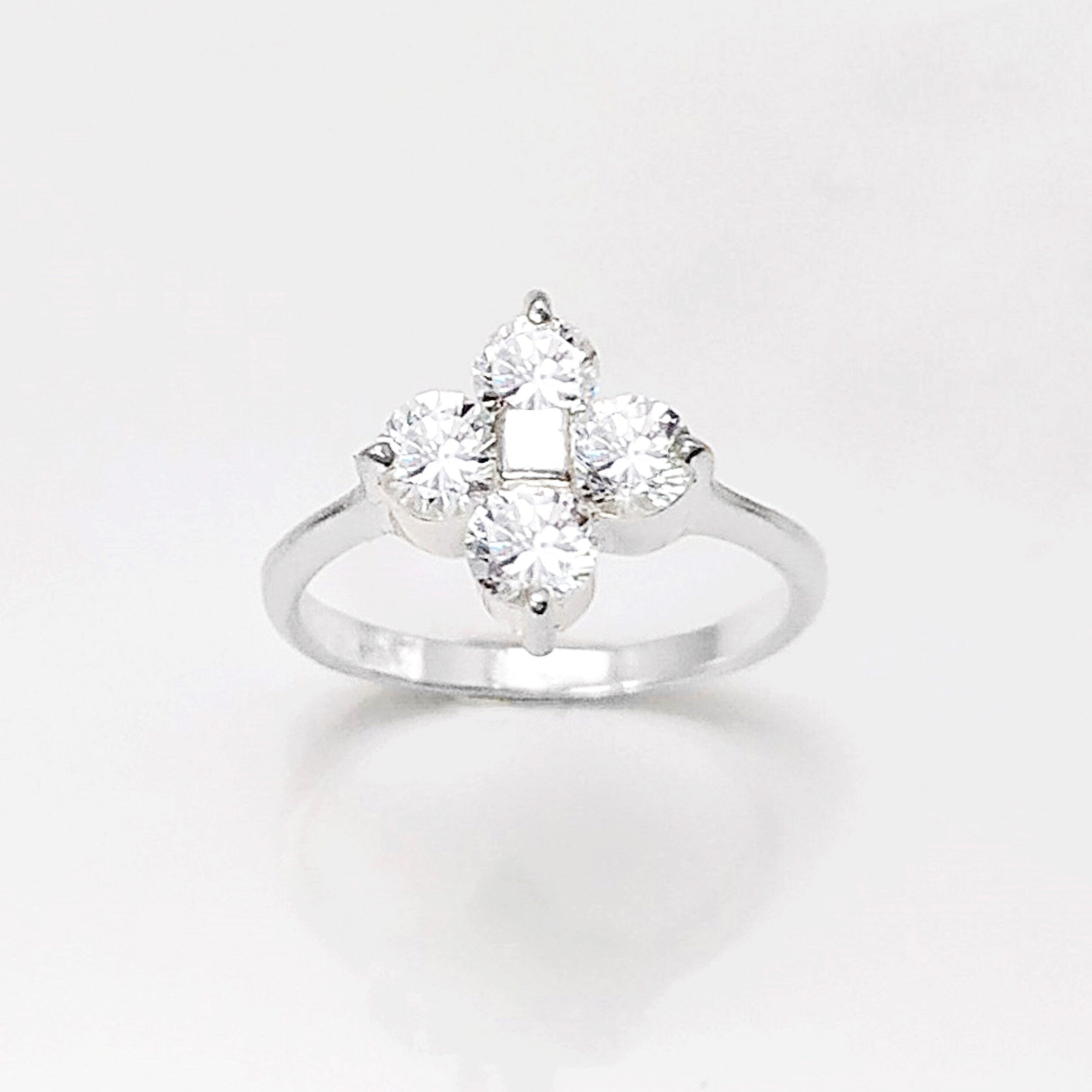 Sterling Silver Quatrefoil Flower Ring, Diamond CZ Gemstone