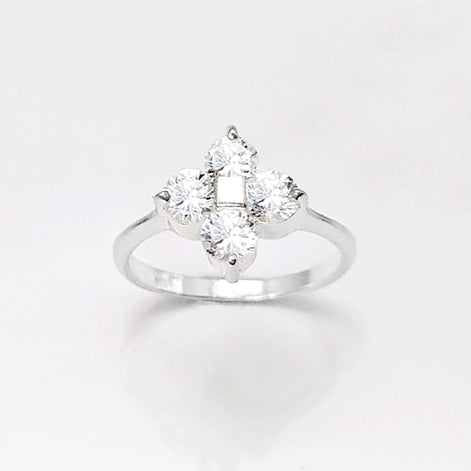 Sterling Silver Quatrefoil Flower Ring, Diamond CZ Gemstone