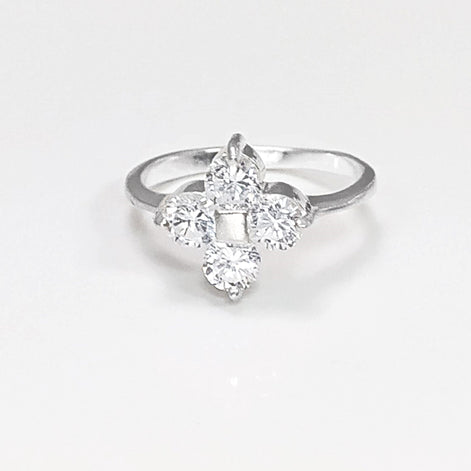 Sterling Silver Quatrefoil Flower Ring, Diamond CZ Gemstone