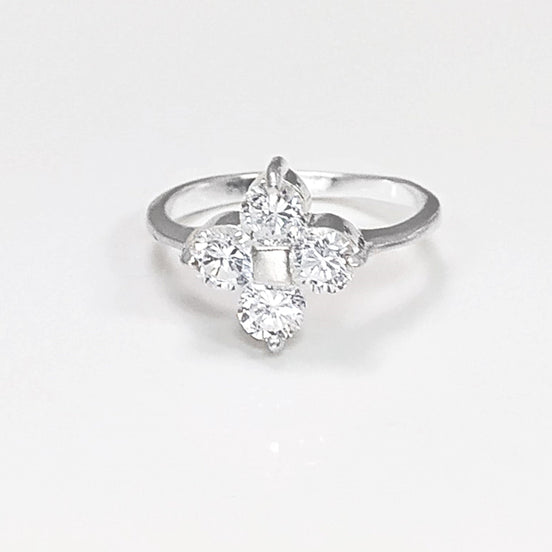 Sterling Silver Quatrefoil Flower Ring, Diamond CZ Gemstone