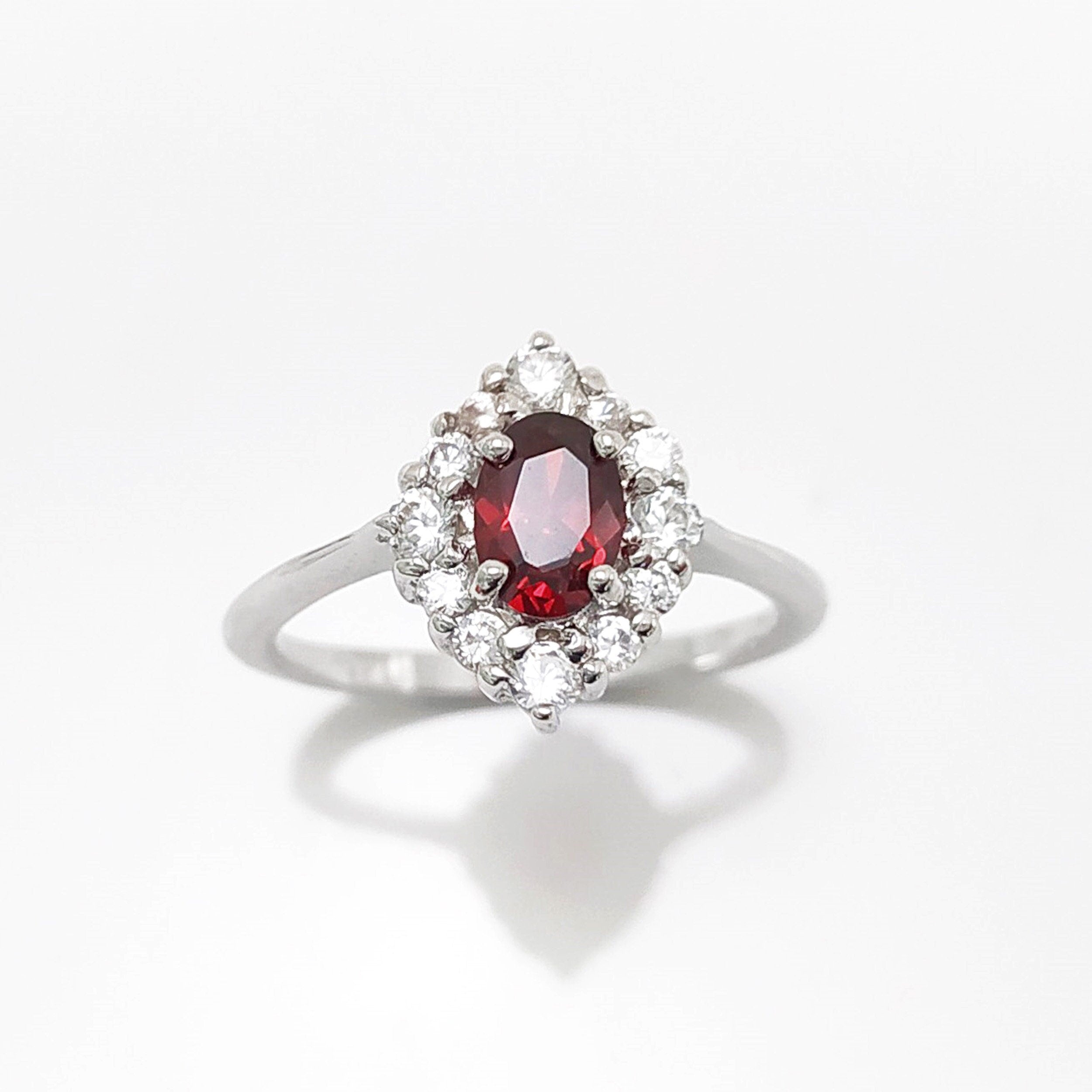 Red Ruby CZ Sterling Silver Marquise Ring, Cluster Engagement Ring