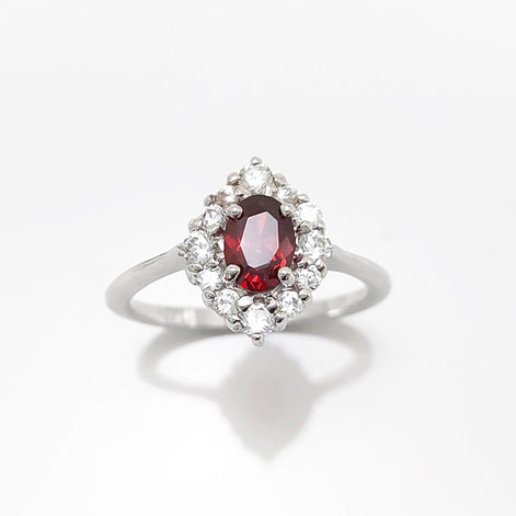 Red Ruby CZ Sterling Silver Marquise Ring, Cluster Engagement Ring