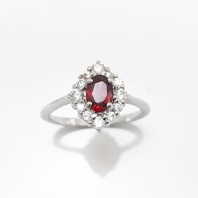 Red Ruby CZ Sterling Silver Marquise Ring, Cluster Engagement Ring