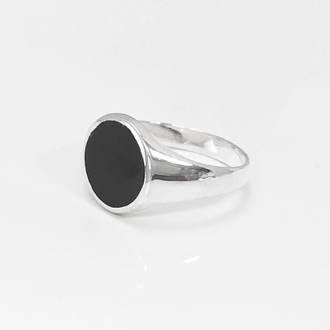 Sterling Silver Round Black Onyx Signet Ring, Unisex