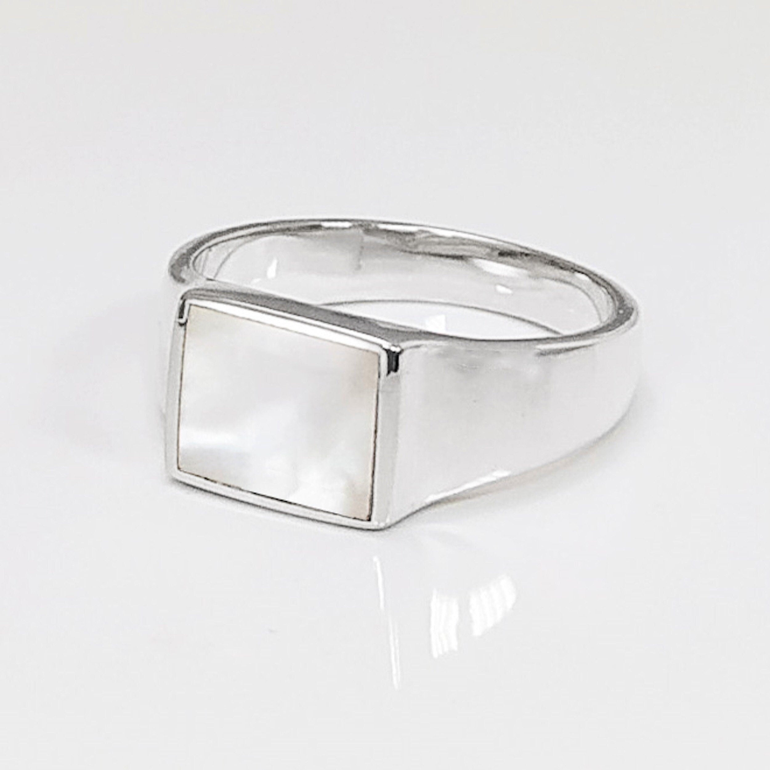 Sterling Silver Mother of Pearl Signet Ring, Unisex Square Stone