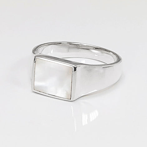 Sterling Silver Mother of Pearl Signet Ring, Unisex Square Stone