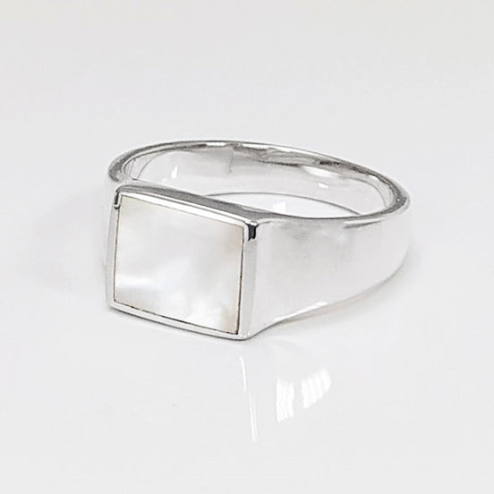 Sterling Silver Mother of Pearl Signet Ring, Unisex Square Stone
